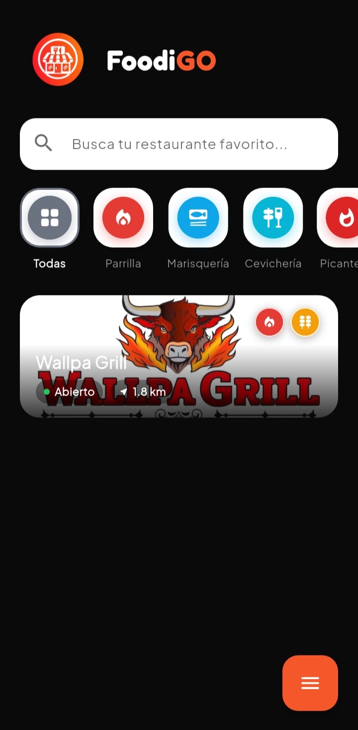 Pantalla principal de FoodiGO con restaurantes en tarjetas, mostrando estado y distancia